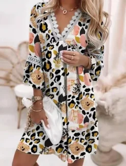 Online Women's Mini Dress Casual Dress Summer Dress Fashion Modern Vacation Daily Weekend Regular Fit Floral Graphic Color Gradient 3/4 Length Sleeve V Neck White Pink Wine Navy Blue Summer Women Floral Dresses