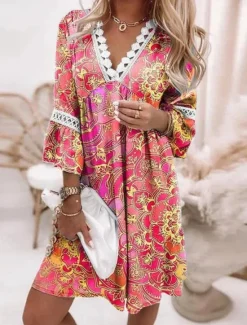 Online Women's Mini Dress Casual Dress Summer Dress Fashion Modern Vacation Daily Weekend Regular Fit Floral Graphic Color Gradient 3/4 Length Sleeve V Neck White Pink Wine Navy Blue Summer Women Floral Dresses