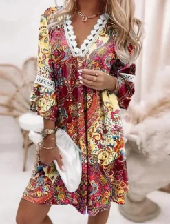 Online Women's Mini Dress Casual Dress Summer Dress Fashion Modern Vacation Daily Weekend Regular Fit Floral Graphic Color Gradient 3/4 Length Sleeve V Neck White Pink Wine Navy Blue Summer Women Floral Dresses