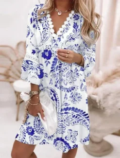 Online Women's Mini Dress Casual Dress Summer Dress Fashion Modern Vacation Daily Weekend Regular Fit Floral Graphic Color Gradient 3/4 Length Sleeve V Neck White Pink Wine Navy Blue Summer Women Floral Dresses