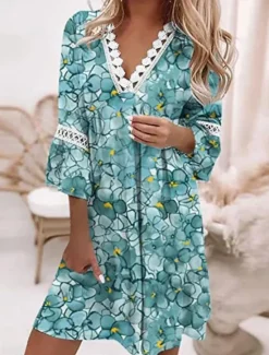 Online Women's Mini Dress Casual Dress Summer Dress Fashion Modern Vacation Daily Weekend Regular Fit Floral Graphic Color Gradient 3/4 Length Sleeve V Neck White Pink Wine Navy Blue Summer Women Floral Dresses