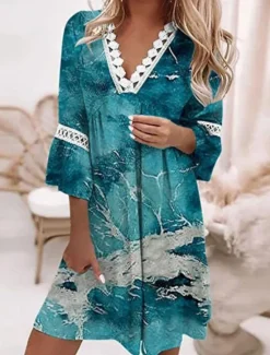 Online Women's Mini Dress Casual Dress Summer Dress Fashion Modern Vacation Daily Weekend Regular Fit Floral Graphic Color Gradient 3/4 Length Sleeve V Neck White Pink Wine Navy Blue Summer Women Floral Dresses