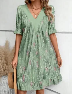 New Women's Mini Dress Casual Dress Stylish Casual Vacation Daily Regular Fit Floral Short Sleeve V Neck Red Brown Green Light Blue Summer Women Floral Dresses|Spring Dresses