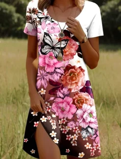 Outlet Women's Mini Dress Casual Dress T Shirt Dress Tee Dress Sundress A Line Dress Stylish Casual Beach Regular Fit Ombre Floral Graphic Short Sleeve Crew Neck Light Pink Pink Wine Summer Spring Women T Shirt Dresses