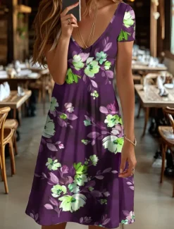 Best Women's Mini Dress Casual Dress T Shirt Dress Tee Dress Sundress A Line Dress Vacation Casual Boho Beach Regular Fit Floral Graphic Short Sleeve V Neck Red Blue Purple Brown Summer Spring Women Vacation Dresses