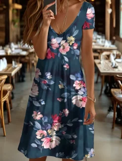Best Women's Mini Dress Casual Dress T Shirt Dress Tee Dress Sundress A Line Dress Vacation Casual Boho Beach Regular Fit Floral Graphic Short Sleeve V Neck Red Blue Purple Brown Summer Spring Women Vacation Dresses