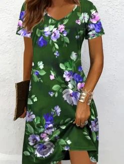 Best Women's Mini Dress Casual Dress T Shirt Dress Tee Dress Sundress A Line Dress Vacation Casual Boho Beach Regular Fit Floral Graphic Short Sleeve V Neck Red Blue Purple Brown Summer Spring Women Vacation Dresses