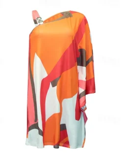 Outlet Women's Mini Dress Casual Dress Shift Dress Fashion Casual Outdoor Vacation Daily Loose Fit Floral Geometric Long Sleeve One Shoulder White Orange Summer Spring Women Cocktail Dress