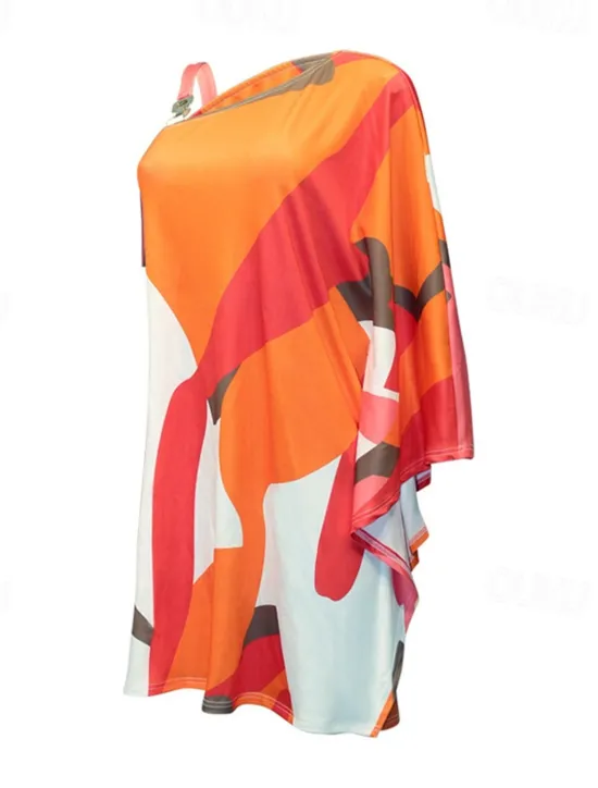 Outlet Women's Mini Dress Casual Dress Shift Dress Fashion Casual Outdoor Vacation Daily Loose Fit Floral Geometric Long Sleeve One Shoulder White Orange Summer Spring Women Cocktail Dress