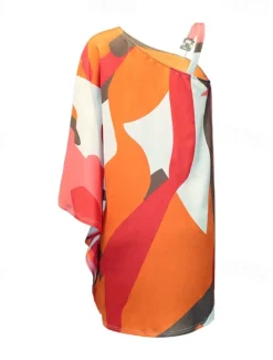 Outlet Women's Mini Dress Casual Dress Shift Dress Fashion Casual Outdoor Vacation Daily Loose Fit Floral Geometric Long Sleeve One Shoulder White Orange Summer Spring Women Cocktail Dress