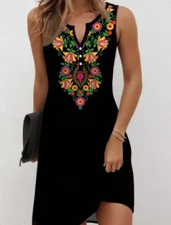 Outlet Women's Mini Dress Casual Dress Petite Dress Sundress Summer Dress Bohemia Vacation Vintage Vacation Daily Holiday Regular Fit Floral Graphic Bohemian Sleeveless V Neck Black White Summer Women T Shirt Dresses