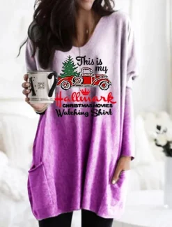Hot Women's Mini Dress Casual Dress Shift Dress Casual Batwing Sleeve Christmas Festival Loose Fit Print Long Sleeve V Neck Blue Purple Orange Gray Fall Winter Women T Shirt Dresses