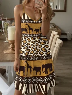 Women's Mini Dress Casual Dress Petite Dress Sundress Summer Dress Vintage Ethnic Sexy Vacation Street Holiday Regular Fit Leopard Tribal Sleeveless Strap V Neck Blue Purple Brown Green Women Sundresses