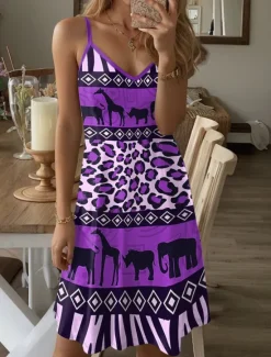 Women's Mini Dress Casual Dress Petite Dress Sundress Summer Dress Vintage Ethnic Sexy Vacation Street Holiday Regular Fit Leopard Tribal Sleeveless Strap V Neck Blue Purple Brown Green Women Sundresses