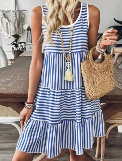 New Women's Mini Dress Casual Dress Petite Dress Sundress Summer Dress Casual Vacation Daily Holiday Regular Fit Stripe Sleeveless Crew Neck Summer Women Sundresses