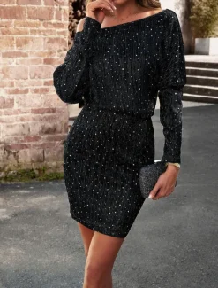 Hot Women's Mini Dress Casual Dress Bodycon Plain Dress Casual Sports & Outdoor Street Regular Fit Plain Long Sleeve Off Shoulder Black Champagne Fall Winter Women Cocktail Dress