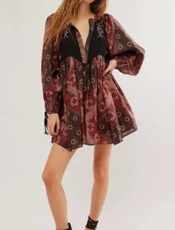 Outlet Women's Mini Dress Casual Dress Boho Dress Ethnic Casual Vacation Daily Regular Fit Floral Long Sleeve V Neck Wine Blue Green Spring Fall Women Spring Dresses