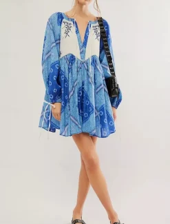 Outlet Women's Mini Dress Casual Dress Boho Dress Ethnic Casual Vacation Daily Regular Fit Floral Long Sleeve V Neck Wine Blue Green Spring Fall Women Spring Dresses