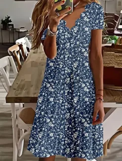 Online Women's Mini Dress Casual Dress Petite Dress Sundress Shift Dress Vacation Casual Outdoor Vacation Daily Regular Fit Floral Short Sleeve Sweetheart White Navy Blue Blue Summer Spring Women Casual Dress|Spring Dresses