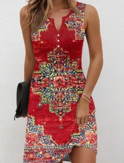 Best Women's Mini Dress Casual Dress Petite Dress Sundress Summer Dress Bohemia Vacation Vintage Vacation Daily Holiday Regular Fit Floral Graphic Bohemian Sleeveless V Neck Red Blue Summer Women T Shirt Dresses