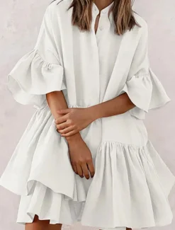 Outlet Women's Mini Dress Casual Dress Chiffon Dress Elegant Cute Stylish Flared Sleeve Vacation Daily Loose Fit Plain Short Sleeve Stand Collar Black White Pink Summer Spring Women Casual Dress