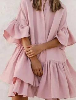 Outlet Women's Mini Dress Casual Dress Chiffon Dress Elegant Cute Stylish Flared Sleeve Vacation Daily Loose Fit Plain Short Sleeve Stand Collar Black White Pink Summer Spring Women Casual Dress