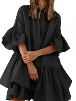Outlet Women's Mini Dress Casual Dress Chiffon Dress Elegant Cute Stylish Flared Sleeve Vacation Daily Loose Fit Plain Short Sleeve Stand Collar Black White Pink Summer Spring Women Casual Dress