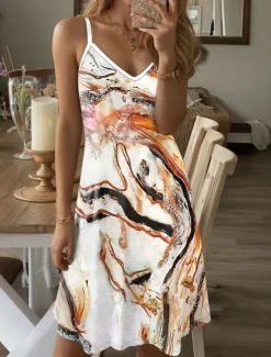 New Women's Mini Dress Casual Dress Petite Dress Sundress Summer Dress Vacation Casual Vacation Daily Holiday Regular Fit Graphic Marble Sleeveless V Neck Summer Women Sundresses