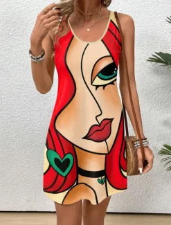 Sale Women's Mini Dress Casual Dress Petite Dress Sundress Summer Dress Casual Vacation Daily Holiday Regular Fit Abstract Sleeveless Crew Neck Summer Women Sundresses