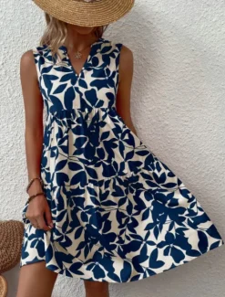 Sale Women's Mini Dress Casual Dress Tank Dress Stylish Casual Vacation Daily Regular Fit Leaf Sleeveless Notched Neck Black Navy Blue Orange Green Summer Women Spring Dresses|T Shirt Dresses