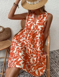 Sale Women's Mini Dress Casual Dress Tank Dress Stylish Casual Vacation Daily Regular Fit Leaf Sleeveless Notched Neck Black Navy Blue Orange Green Summer Women Spring Dresses|T Shirt Dresses