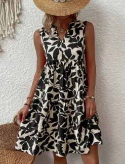 Sale Women's Mini Dress Casual Dress Tank Dress Stylish Casual Vacation Daily Regular Fit Leaf Sleeveless Notched Neck Black Navy Blue Orange Green Summer Women Spring Dresses|T Shirt Dresses