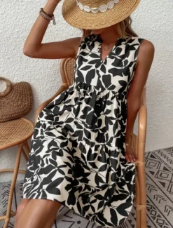 Sale Women's Mini Dress Casual Dress Tank Dress Stylish Casual Vacation Daily Regular Fit Leaf Sleeveless Notched Neck Black Navy Blue Orange Green Summer Women Spring Dresses|T Shirt Dresses