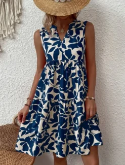 Sale Women's Mini Dress Casual Dress Tank Dress Stylish Casual Vacation Daily Regular Fit Leaf Sleeveless Notched Neck Black Navy Blue Orange Green Summer Women Spring Dresses|T Shirt Dresses
