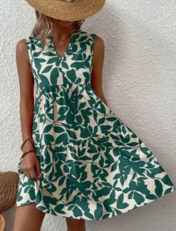 Sale Women's Mini Dress Casual Dress Tank Dress Stylish Casual Vacation Daily Regular Fit Leaf Sleeveless Notched Neck Black Navy Blue Orange Green Summer Women Spring Dresses|T Shirt Dresses