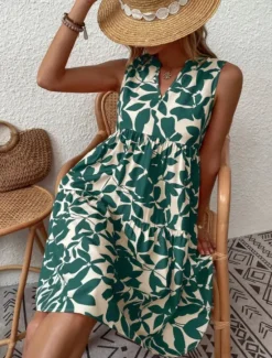 Sale Women's Mini Dress Casual Dress Tank Dress Stylish Casual Vacation Daily Regular Fit Leaf Sleeveless Notched Neck Black Navy Blue Orange Green Summer Women Spring Dresses|T Shirt Dresses
