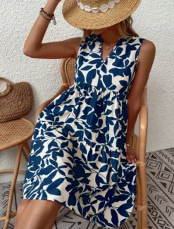 Sale Women's Mini Dress Casual Dress Tank Dress Stylish Casual Vacation Daily Regular Fit Leaf Sleeveless Notched Neck Black Navy Blue Orange Green Summer Women Spring Dresses|T Shirt Dresses