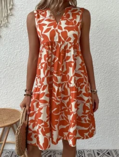 Sale Women's Mini Dress Casual Dress Tank Dress Stylish Casual Vacation Daily Regular Fit Leaf Sleeveless Notched Neck Black Navy Blue Orange Green Summer Women Spring Dresses|T Shirt Dresses