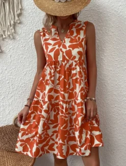 Sale Women's Mini Dress Casual Dress Tank Dress Stylish Casual Vacation Daily Regular Fit Leaf Sleeveless Notched Neck Black Navy Blue Orange Green Summer Women Spring Dresses|T Shirt Dresses