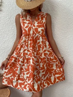 Sale Women's Mini Dress Casual Dress Tank Dress Stylish Casual Vacation Daily Regular Fit Leaf Sleeveless Notched Neck Black Navy Blue Orange Green Summer Women Spring Dresses|T Shirt Dresses