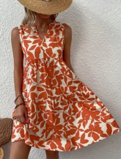 Sale Women's Mini Dress Casual Dress Tank Dress Stylish Casual Vacation Daily Regular Fit Leaf Sleeveless Notched Neck Black Navy Blue Orange Green Summer Women Spring Dresses|T Shirt Dresses
