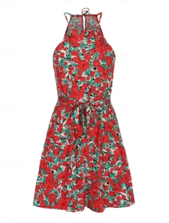 Outlet Women's Mini Dress Casual Dress A Line Dress Stylish Casual Vacation Daily Regular Fit Floral Sleeveless Halter Neck Red Purple Summer Women Spring Dresses