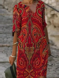 Hot Women's Mini Dress Casual Dress Ethnic Dress Mini Dress Petite Dress T Shirt Dress Tee Dress Casual Winter Dress Vacation Work Loose Fit Floral Geometric Paisley Long Sleeve V Neck Black Red Royal Women Work Dresses