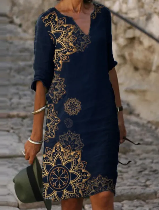 Hot Women's Mini Dress Casual Dress Ethnic Dress Mini Dress Petite Dress T Shirt Dress Tee Dress Casual Winter Dress Vacation Work Loose Fit Floral Geometric Paisley Long Sleeve V Neck Black Red Royal Women Work Dresses