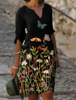 Hot Women's Mini Dress Casual Dress Ethnic Dress Mini Dress Petite Dress T Shirt Dress Tee Dress Casual Winter Dress Vacation Work Loose Fit Floral Geometric Paisley Long Sleeve V Neck Black Red Royal Women Work Dresses