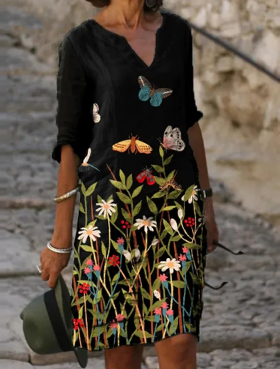 Hot Women's Mini Dress Casual Dress Ethnic Dress Mini Dress Petite Dress T Shirt Dress Tee Dress Casual Winter Dress Vacation Work Loose Fit Floral Geometric Paisley Long Sleeve V Neck Black Red Royal Women Work Dresses