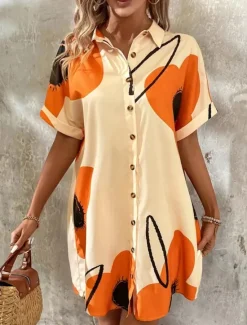 Hot Women's Mini Dress Casual Dress Casual Lantern Sleeve Loose Fit Graphic Short Sleeve Shirt Collar Lapel Summer Women Floral Dresses