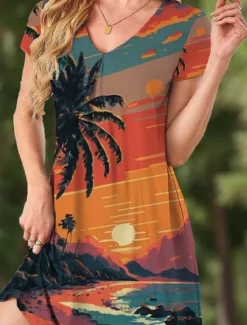 New Women's Mini Dress Casual Dress Petite Dress T Shirt Dress Tee Dress Shift Dress Party Stylish Boho Vacation Party Casual Loose Fit Tropical Short Sleeve V Neck Spring Fall Women T Shirt Dresses