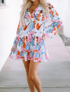 New Women's Mini Dress Casual Dress Floral Dress Summer Dress Stylish Casual Vacation Daily Date Regular Fit Floral Long Sleeve V Neck Summer Women Spring Dresses|Floral Dresses