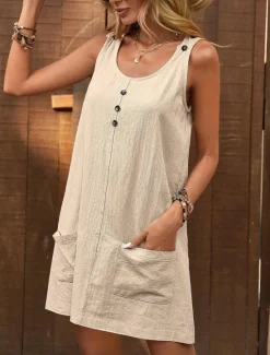 Clearance Women's Mini Dress Casual Dress Cotton Linen Dress Tank Dress Basic Casual Vacation Daily Regular Fit Plain Sleeveless U Neck Army Green Beige Summer Spring Women Dresses